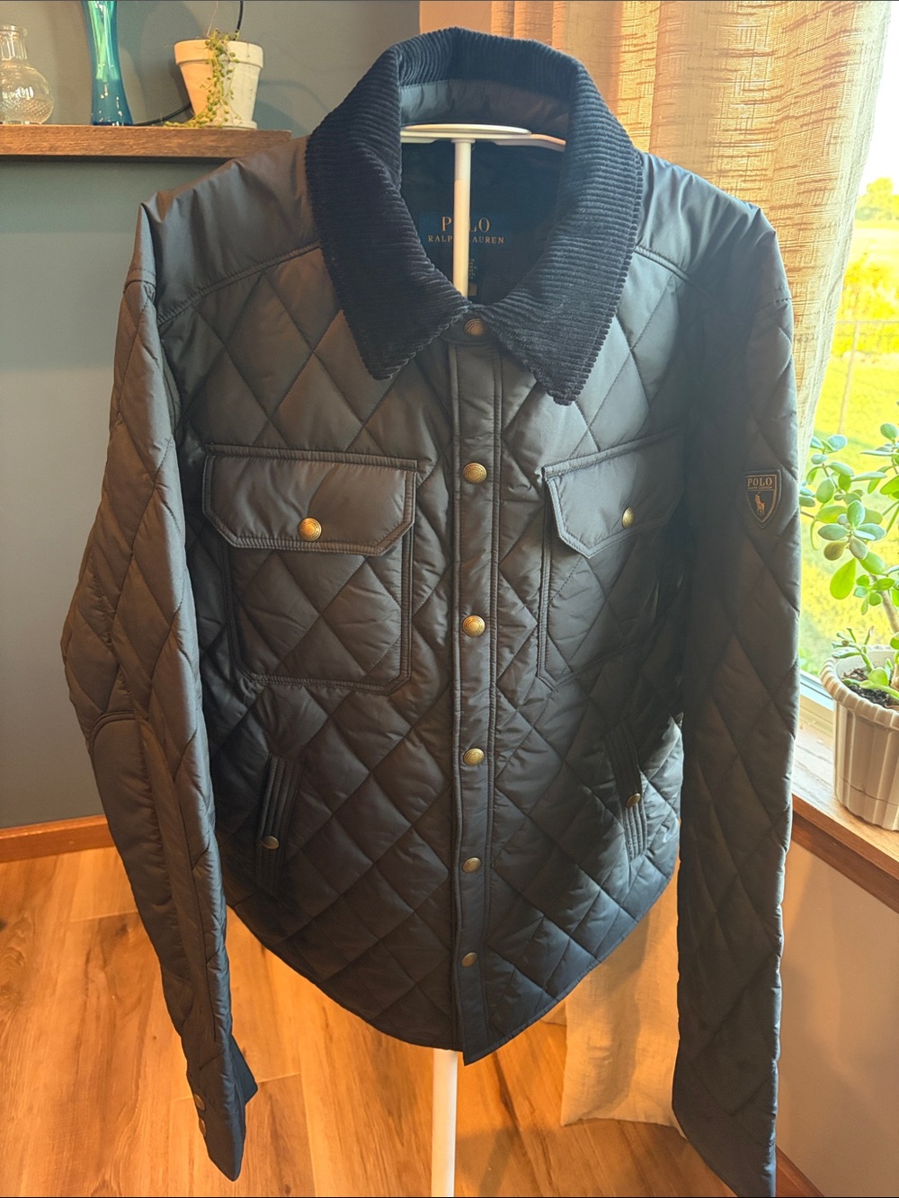 Polo by Ralph Lauren Black Quilted Puffer Jacket with Corduroy Collar NEW
